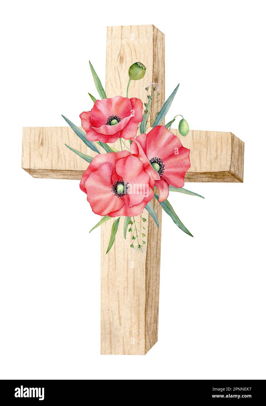 Holzkreuz mit roter Mohnblume. Aquarell-Design-Element für den Anzac Day. Damit wir es nicht vergessen Stockfoto