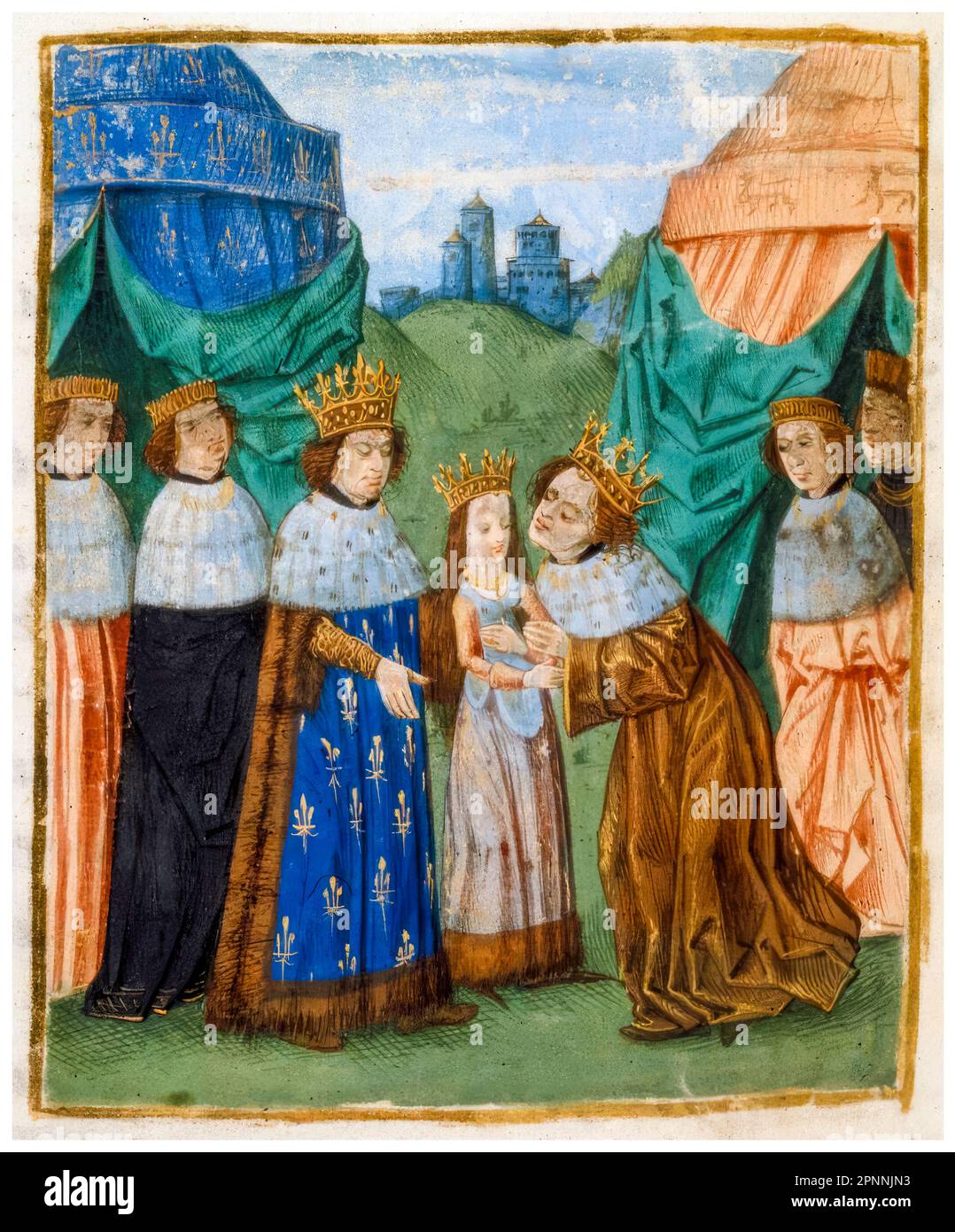 König Karl VI. Von Frankreich (1368-1422) übergab seine Tochter Isabella von Valois (1389-1409) an ihren neuen Ehemann König Richard II. Von England (1367-1400) bei einem Treffen in Ardres bei Calais. Isabella von Frankreich war erst sechs Jahre alt, Richard, 29. Beleuchtetes Miniatur-Manuskript-Gemälde von Jean Froissart, 1401-1499 Stockfoto
