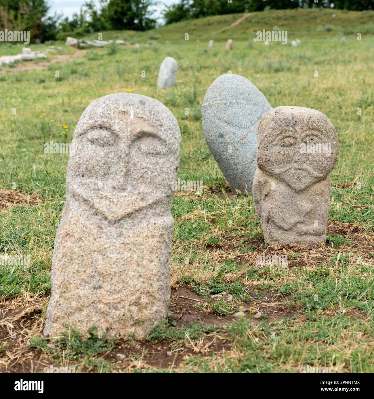 Historische Steinskulpturen in der Nähe des Turms Old Burana, die verschiedene Figuren und Szenen aus der kirgisischen Geschichte und Kultur darstellen. Diese Skulpturen bieten Einstiche Stockfoto
