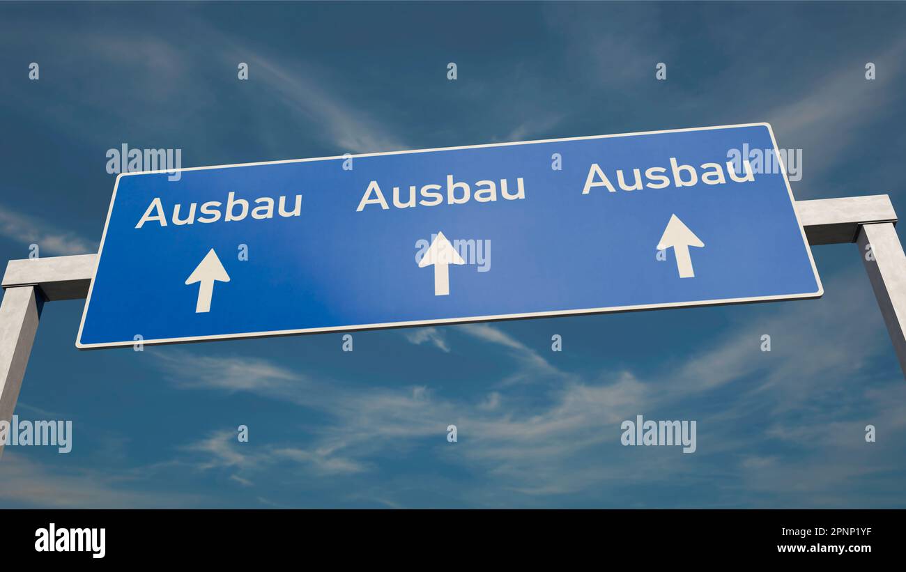 Autobahnschild mit dem deutschen Wort "Ausbau" für die mehrspurige Autobahnerweiterung in Deutschland Stockfoto