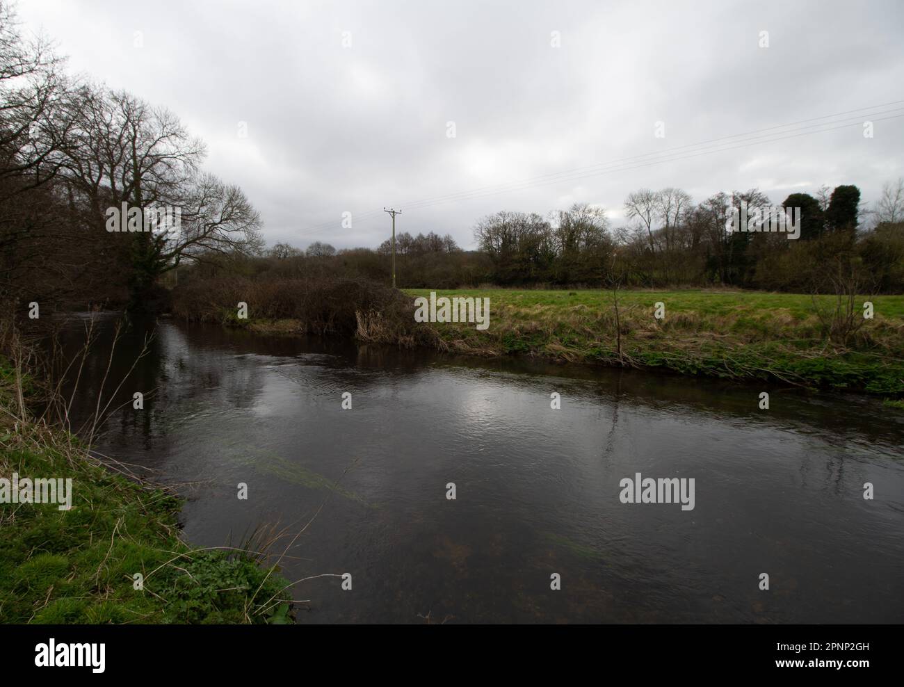 Fluss- und Grasbänke mit einer Wiese im Hintergrund an einem Frühlingstag mit grauem Himmel Stockfoto