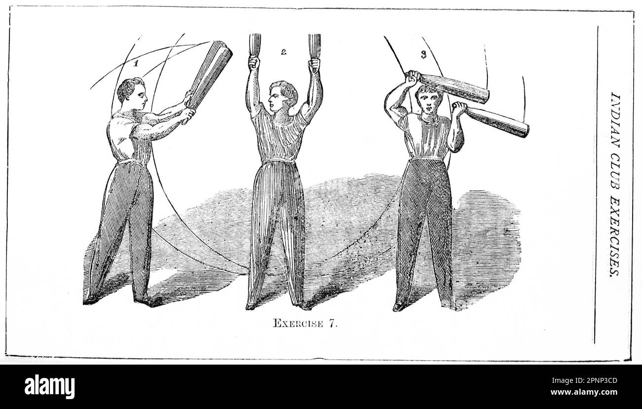 Indische Clubs, Dummglocken und Schwerterübungen von Harrison veröffentlicht 1800 Stockfoto