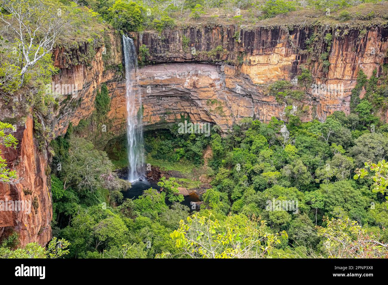 Aufnahmen aus einem hohen Winkel des wunderschönen Bridal Veil, des Wasserfalls Vèu da Noiva, von Chapada dos Guimarães, Mato Grosso, Brasilien, Südamerika Stockfoto
