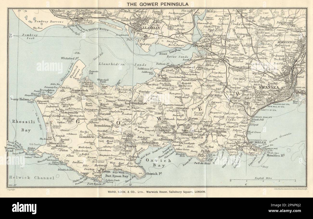 DIE GOWER HALBINSEL. Llanelli Swansea Mumbles. Wales. STATIONSSCHLOSS 1936 alte Karte Stockfoto