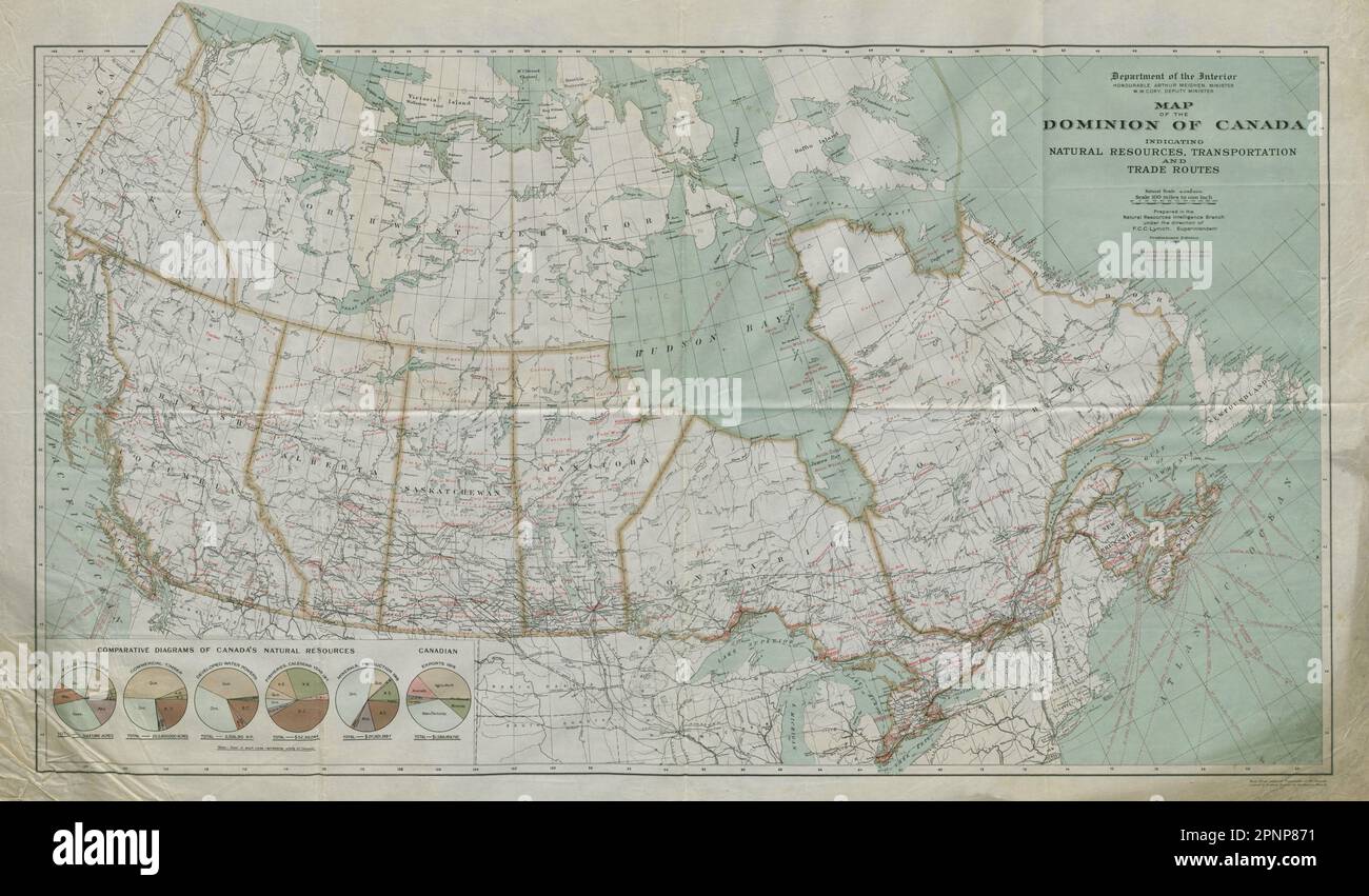Herrschaft über Kanada. Natürliche Ressourcen Transport- und Handelsrouten 1920 alte Karte Stockfoto