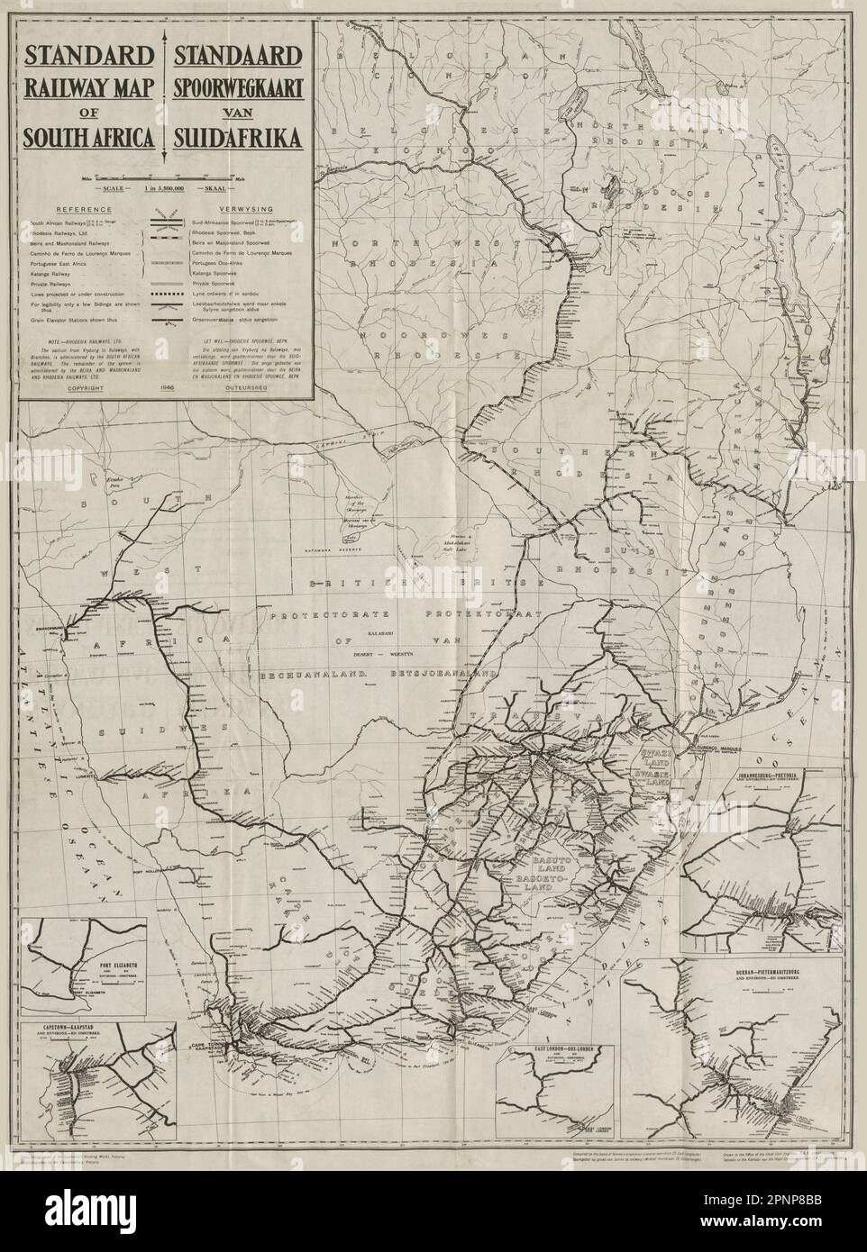 Südafrikanische Standardbahn-Karte. Suid-Afrika Standaard Spoorwegkaart 1946 Stockfoto