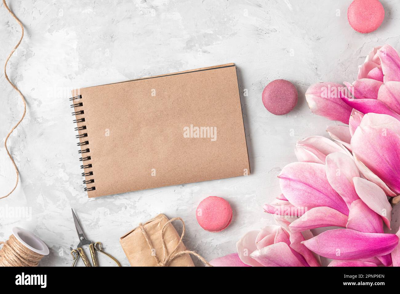 Leere Grußkarte mit Magnolienblumen, Geschenkbox und Makronen. Hochzeitshintergrund. Modell. Flach verlegt. Draufsicht Stockfoto