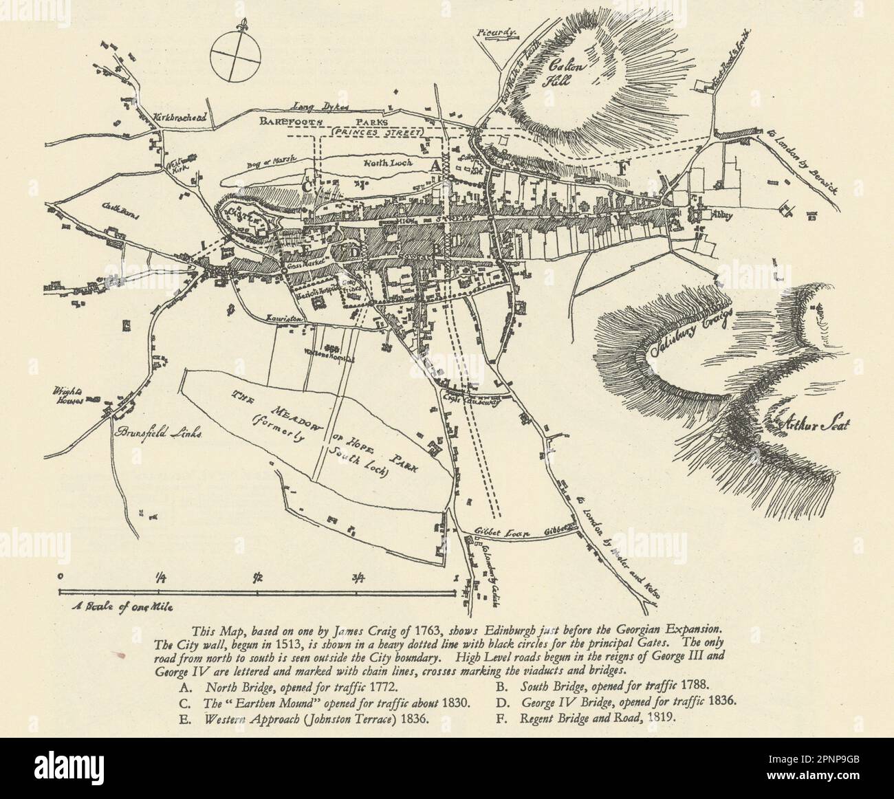 Skizzieren Sie eine Karte des prägeorgianischen Edinburgh nach James Craigs 1763 Karte 1949 Jahre alt Stockfoto
