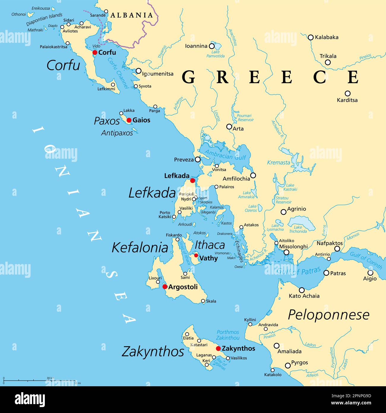 Ionische Inselregion Griechenlands, politische Karte. Griechische Inselgruppe im Ionischen Meer. Korfu, Paxos, Antipaxos, Lefkada, Kefalonia, Ithaka, Zakynthos. Stockfoto