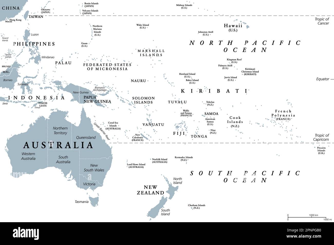 Ozeanien, graue politische Karte. Australien und den Pazifik, einschließlich Neuseeland. Geographische Region, Südosten des asiatisch-pazifischen Raums. Stockfoto