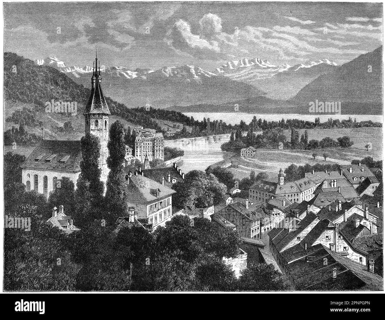 Thun (Französisch: Thoune) ist eine Stadt und eine Gemeinde im Verwaltungsbezirk Thun im Kanton Bern in der Schweiz. Klassische Gravur von Stockfoto