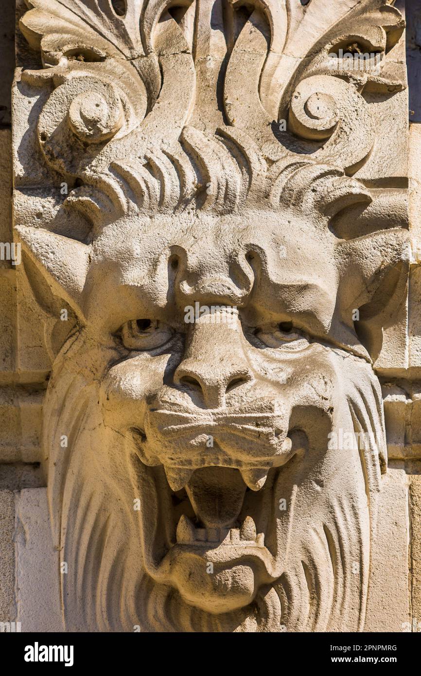 Kunstvoll verzierte Steinschnitzerei aus Löwenkopf vor dem Theater, Tours, Indre-et-Loire (37), Frankreich. Stockfoto