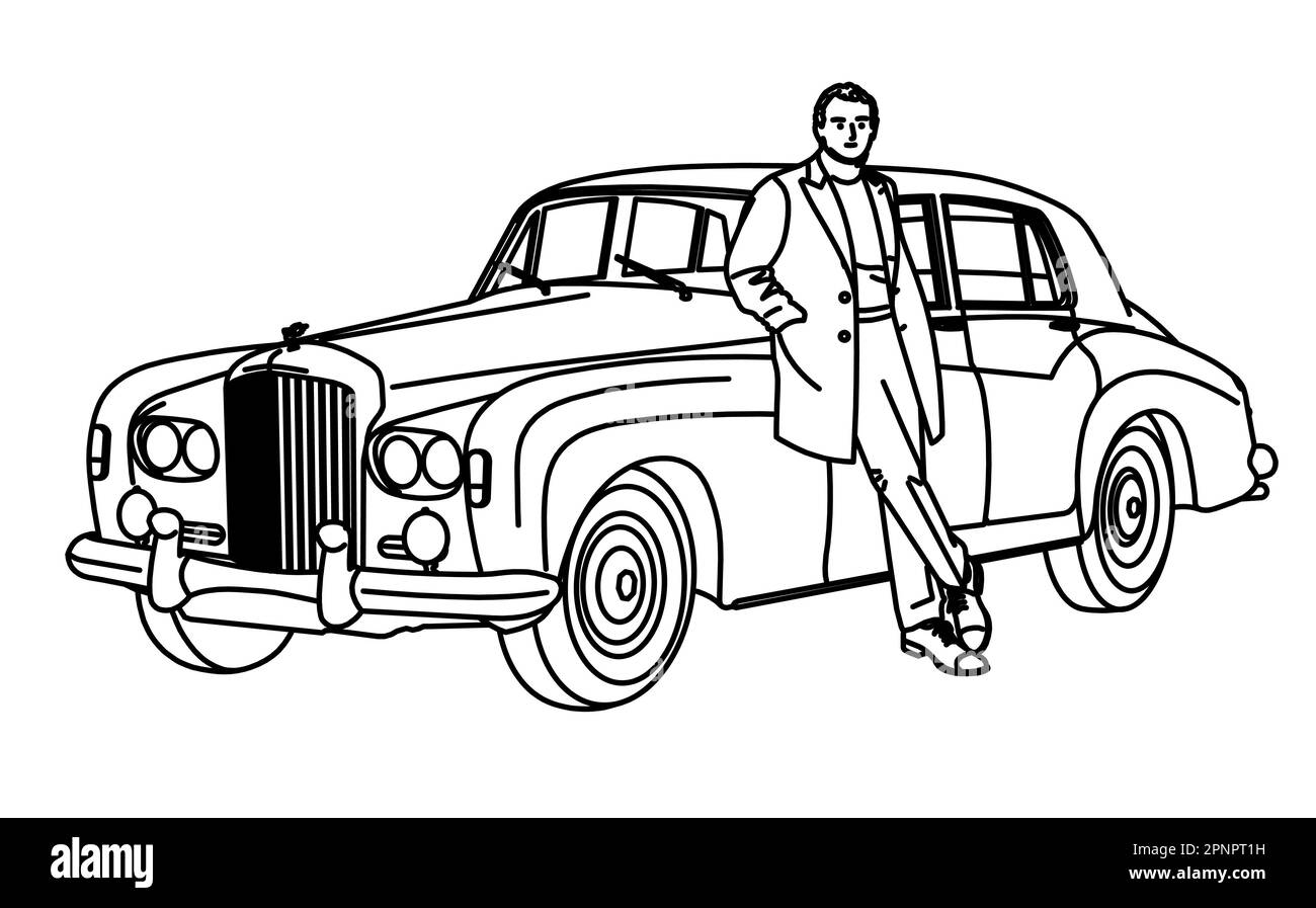 Schwarz-Weiß-Zeichnung, einfache Linie, Spirit 'ligne claire'. Gentleman und sein Bentley Stockfoto
