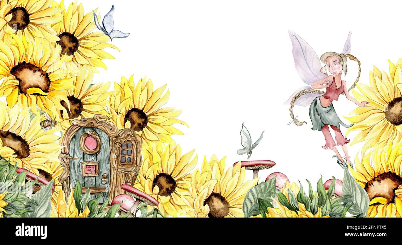 Wasserfarbener, nahtloser horizontaler Hintergrund mit Sonnenblumen. Schmetterlinge im Cartoon-Stil. Handgezeichnete Darstellung des Sommers. Perfekt für Sammelalben, Stockfoto
