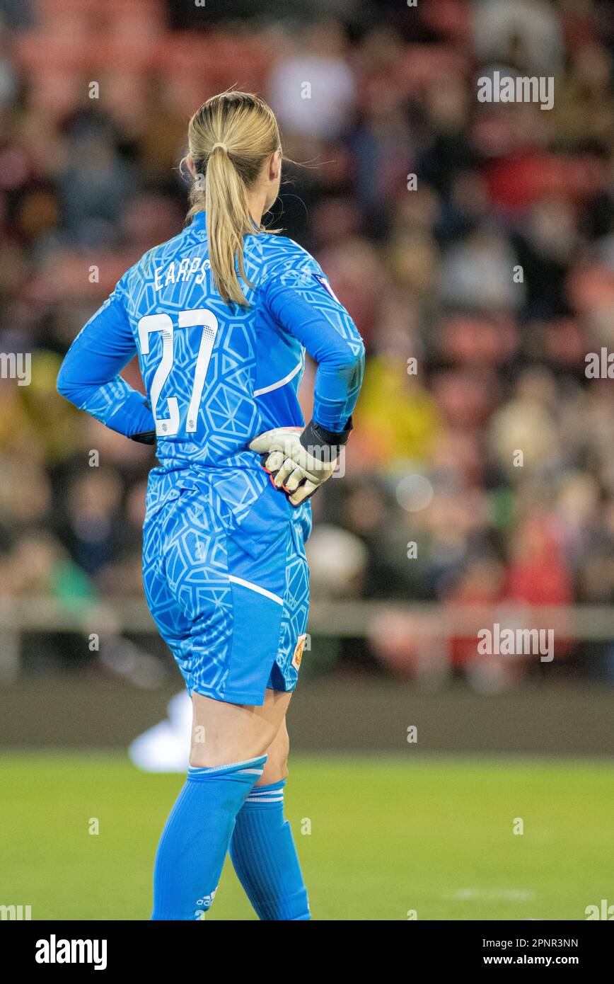 Leigh Sports Village, Leigh, Greater Manchester, England. 19. April 2023 United Torhüterin Mary EARPS, während des Manchester United Women Football Club V Arsenal Women Football Club im Leigh Sports Village in der Barclays Women's Super League/Women's Super League. (Bild: ©Cody Froggatt/Alamy Live News) Stockfoto