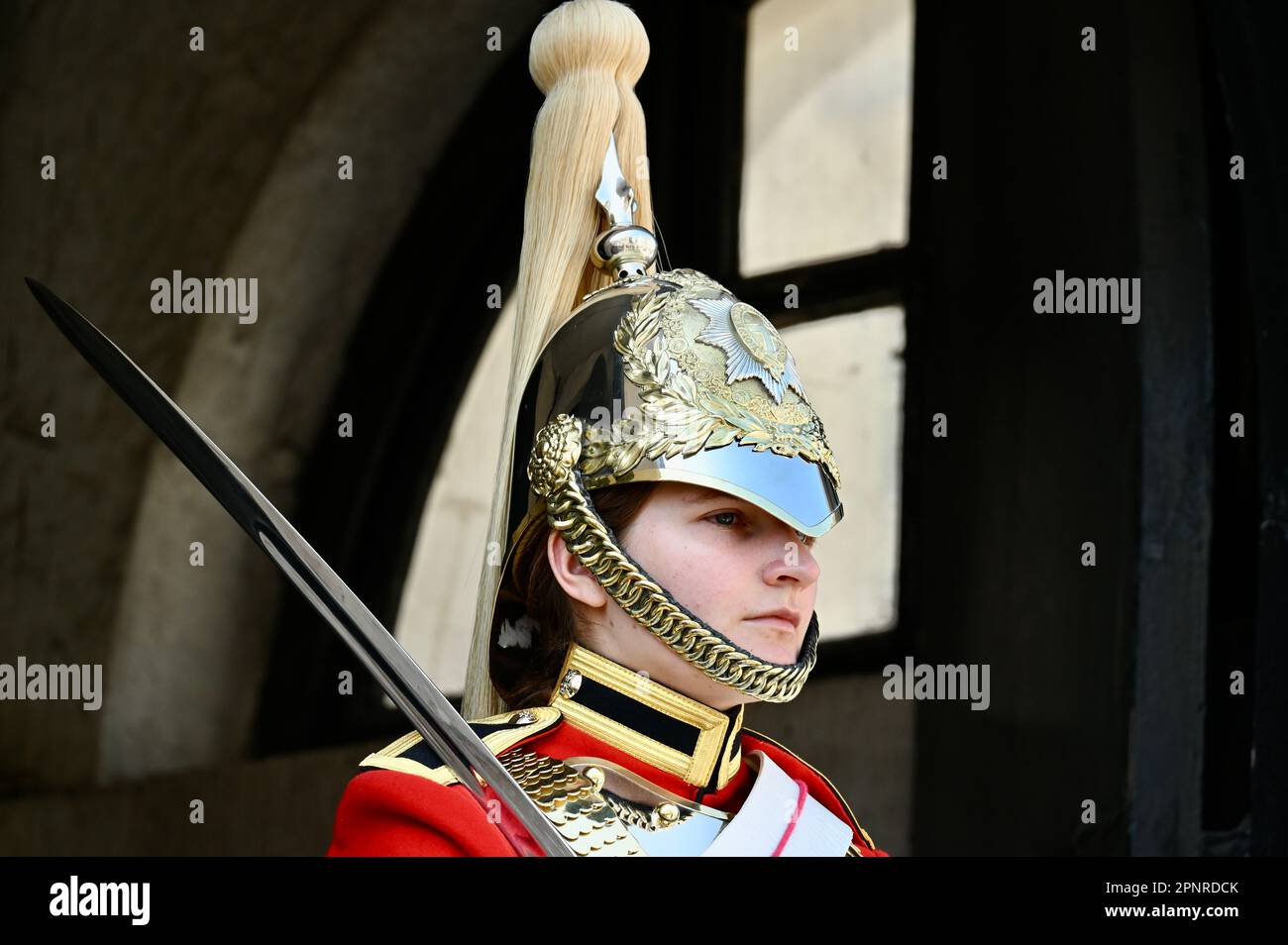 Weibliche Horse Guard, Horse Guards Parade, Whitehall, London, Großbritannien Stockfoto