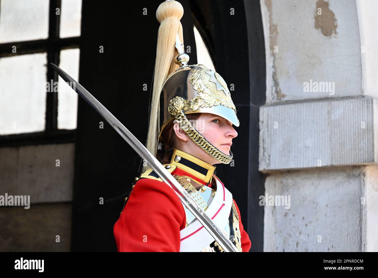 Weibliche Horse Guard, Horse Guards Parade, Whitehall, London, Großbritannien Stockfoto