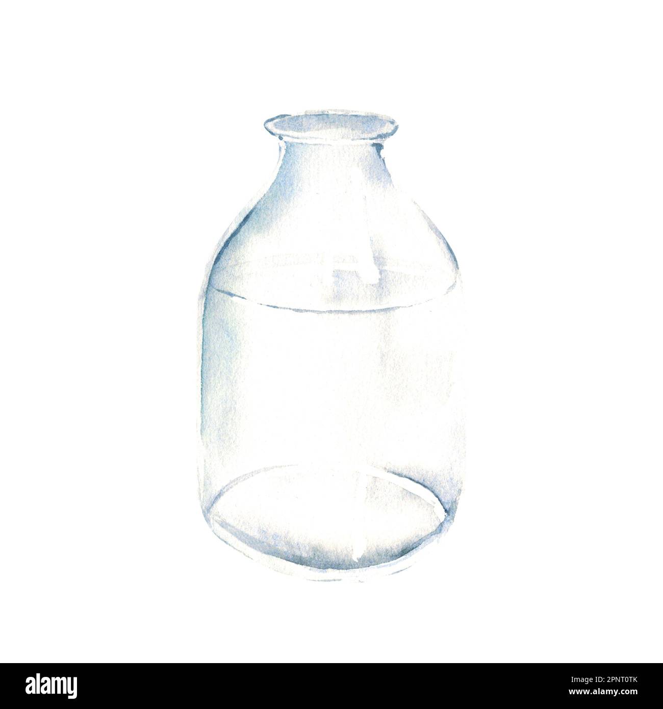 Transparente Glasflasche, Vase, Glas. Aquarell handgezeichnete Illustration auf weißem Hintergrund. Stockfoto