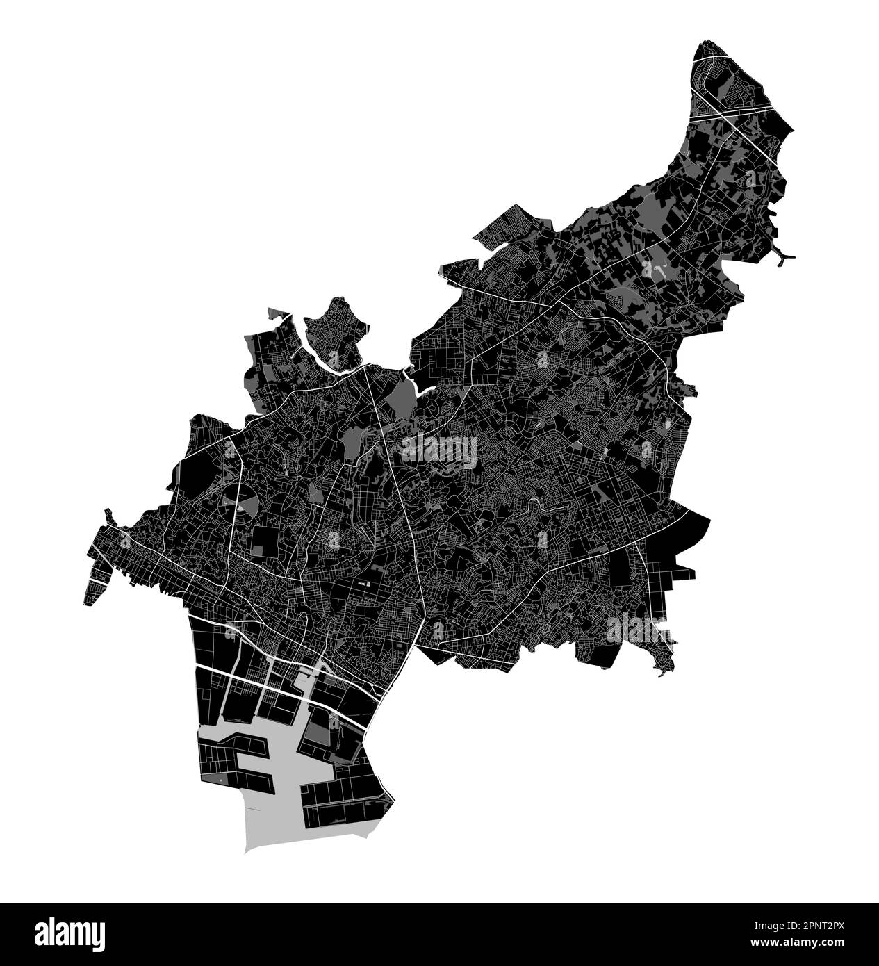 Funabashi-Karte. Detaillierte Vektorkarte des Verwaltungsgebiets der Stadt Funabashi. Stadtbild-Poster mit Blick auf die Metropolitane Aria. Schwarzes Land mit weißen Straßen und Ave Stock Vektor