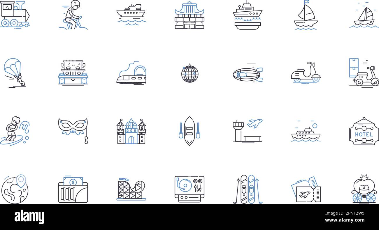 Symbolsammlung für Trekkinglinien. Abenteuer, Erkundungen, Fitness, Appalachen, Ziel, Rucksack, Bergvektor und lineare Illustration Stock Vektor