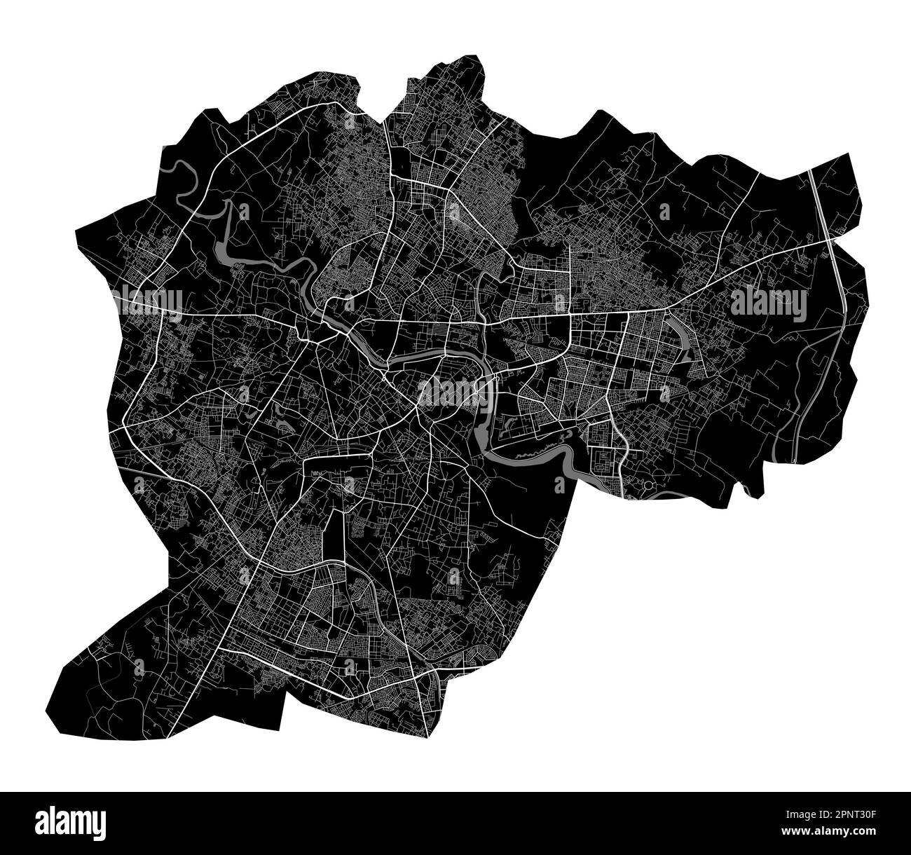 Lucknow-Karte. Detaillierte Vektorkarte des Verwaltungsgebiets der Stadt Lucknow. Stadtbild-Poster mit Blick auf die Metropolitane Aria. Schwarzes Land mit weißen Straßen und Straßen Stock Vektor