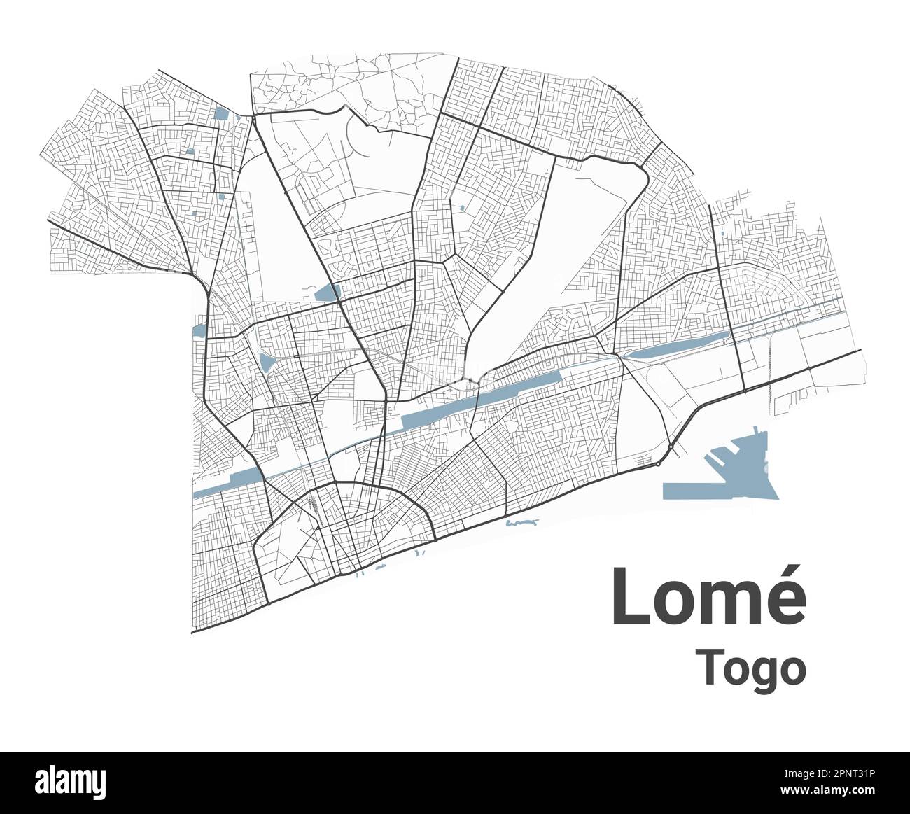 Landkarte von Lome, Hauptstadt von Togo. Stadtplan mit Flüssen und Straßen, Parks und Eisenbahnen. Vektordarstellung. Stock Vektor
