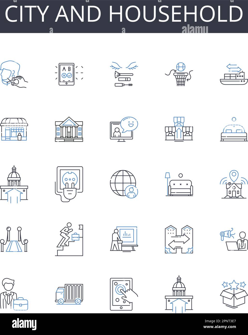 Symbolsammlung für Stadt und Haushalt. Stadtverwaltung, Metropolis, Stadtmitte, Megalopolis, Stadtverwaltung, Hauptstadt, Stadtvektor und lineare Darstellung Stock Vektor