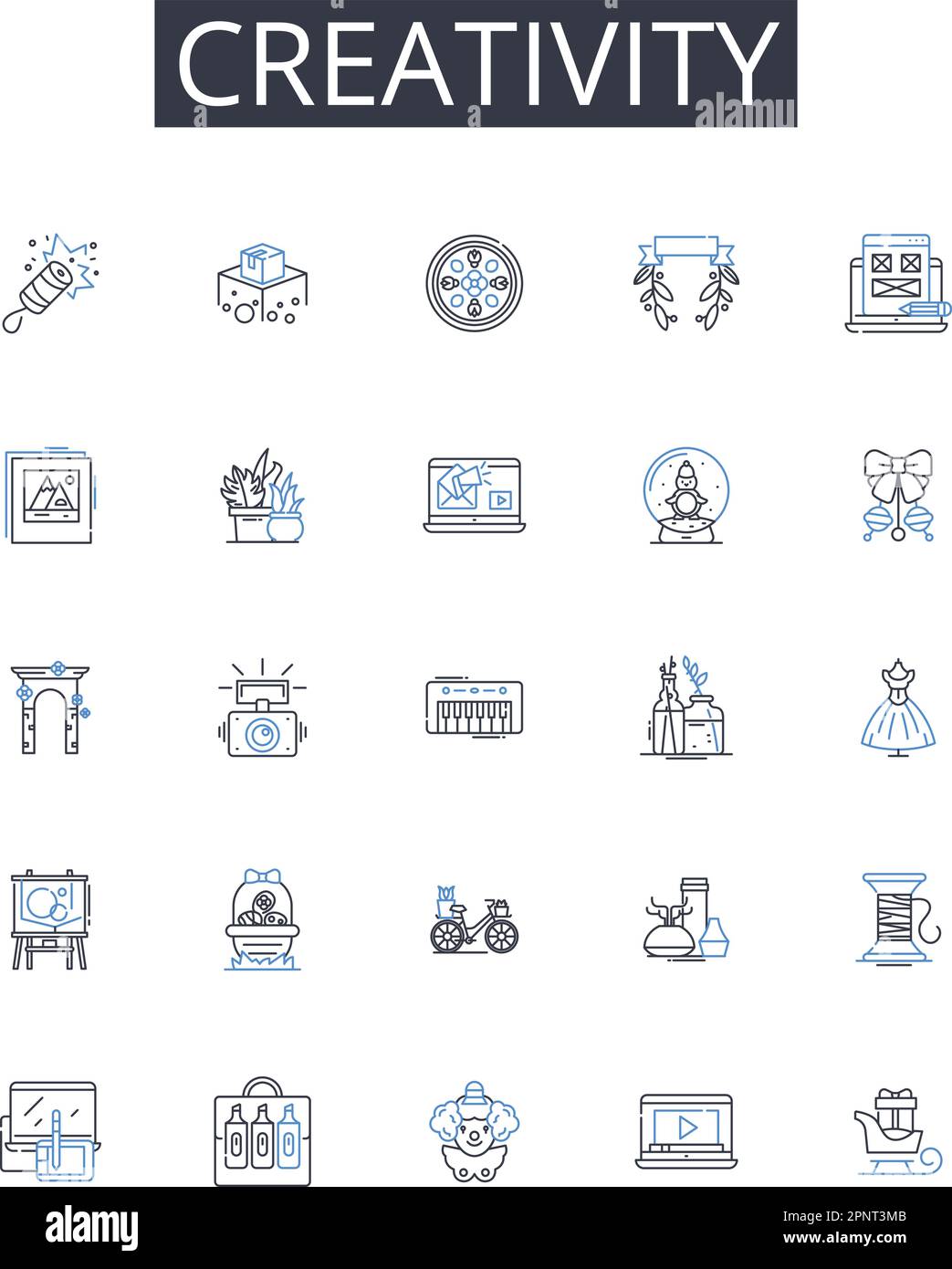 Kollektion mit Symbolen für Kreativitätslinien. Innovation, Neuheit, Einfallsreichtum, Einfallsreichtum, Vorstellungskraft, Erfindungsreichtum, Originalitätsvektor und linear Stock Vektor