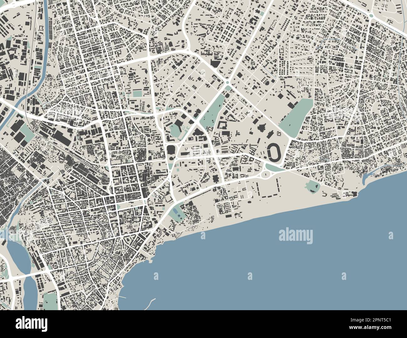 Accra, Ghana, Vektorkarte. Detaillierte Karte des Verwaltungsgebiets der Stadt Accra. Stadtpanorama. Unentgeltliche Vektordarstellung. Gliederungszuordnung mit Build Stock Vektor