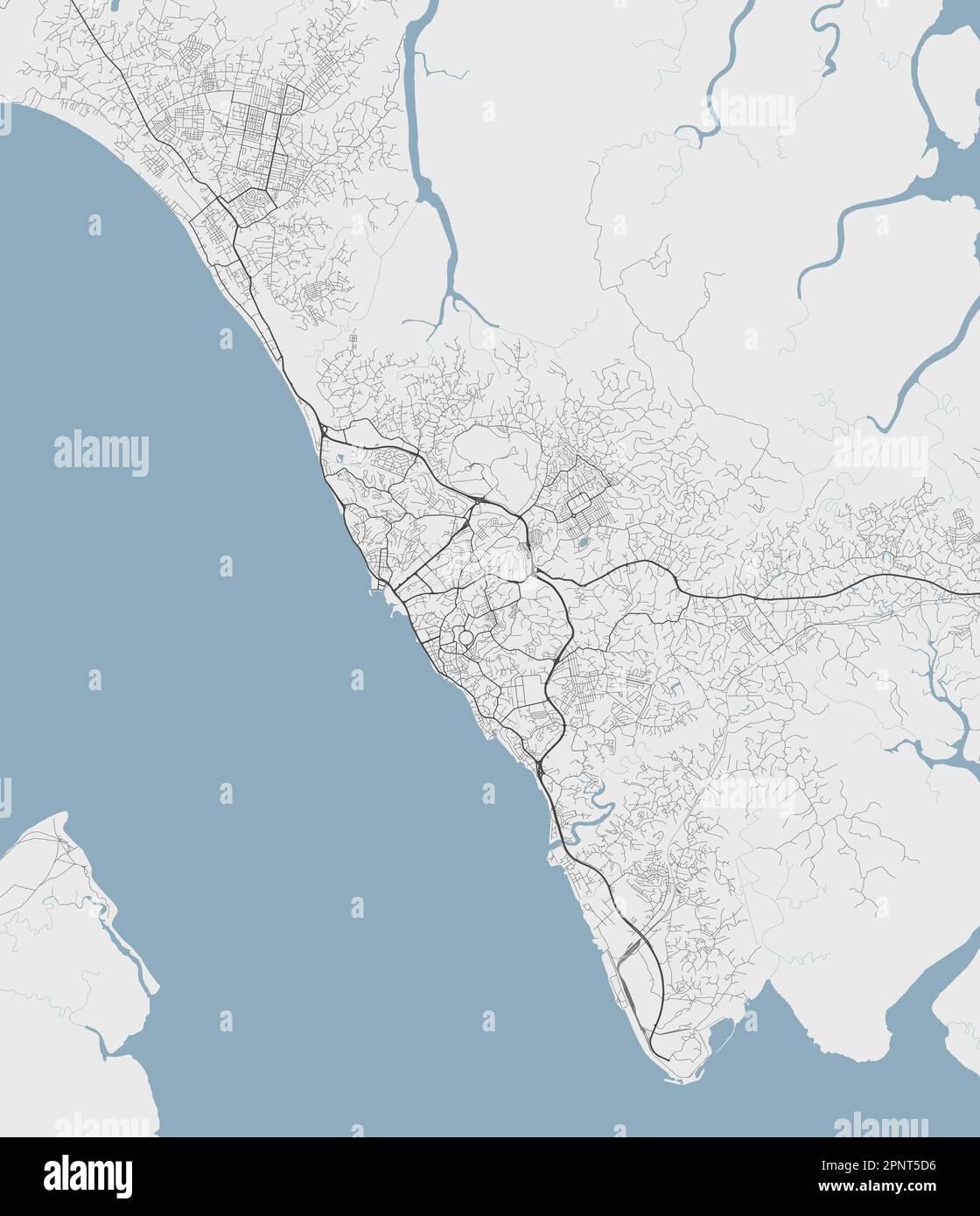 Karte von Libreville, Hauptstadt Gabuns. Stadtplan mit Flüssen und Straßen, Parks und Eisenbahnen. Vektordarstellung. Stock Vektor