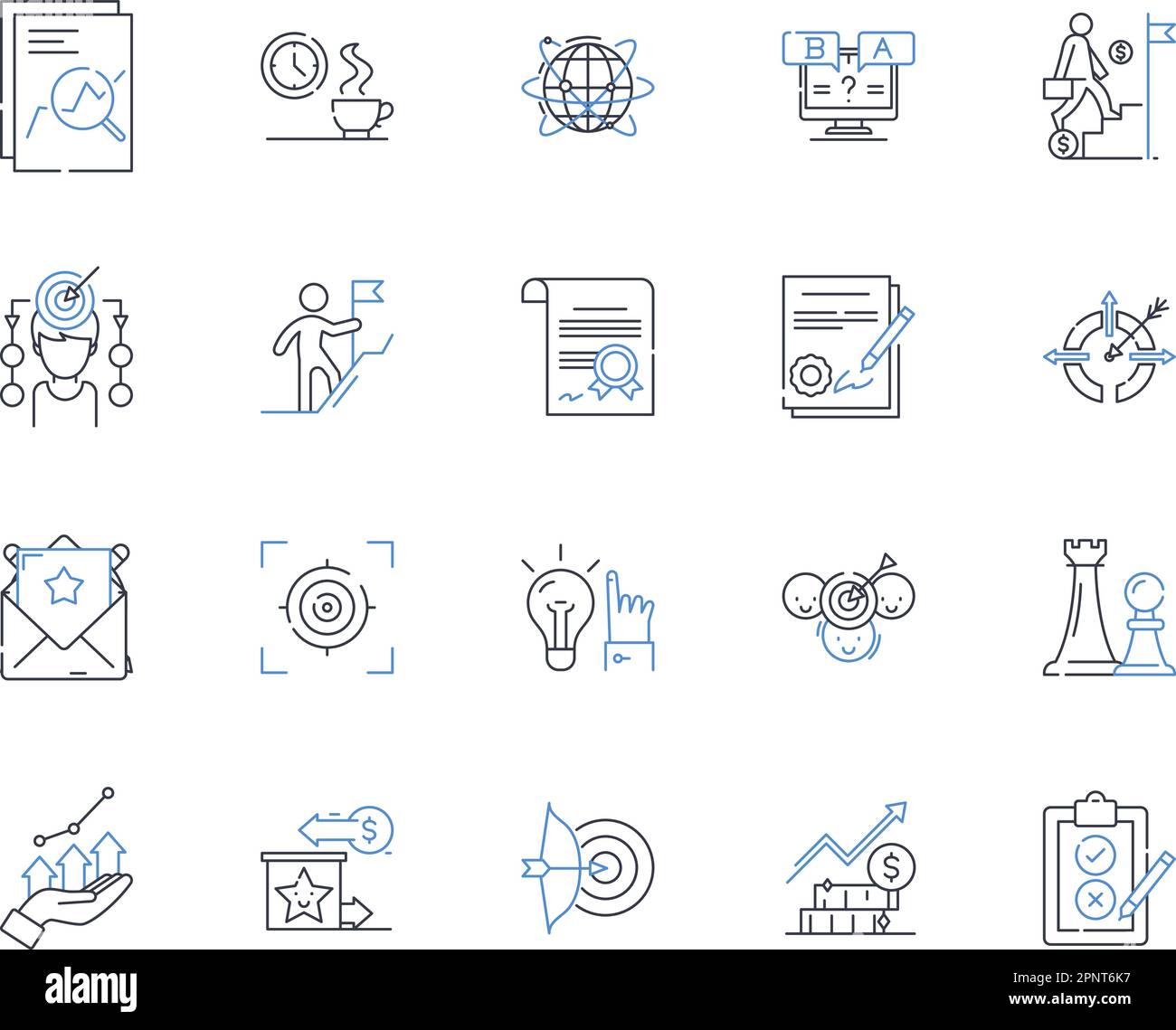 Sammlung von Symbolen für die Wertversprechen. Angebot, Lösung, Differenzierung, Vorteil, Einzigartig, Advantage, Innovationsvektor und lineare Darstellung Stock Vektor