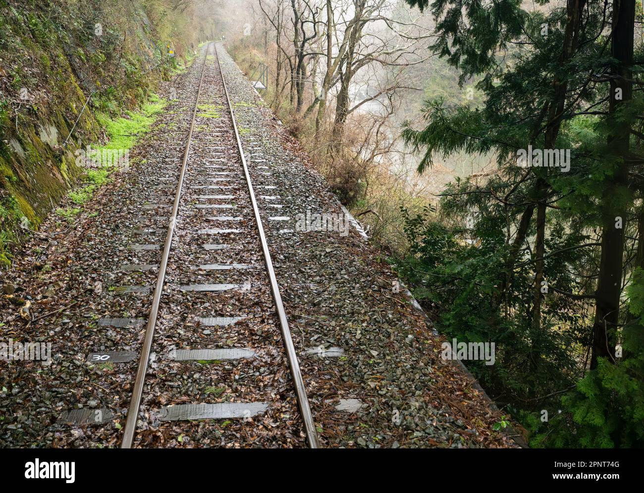 Strecken der JR West Geibi Line entlang des Nariwa River in der Präfektur Hiroshima, Japan. Stockfoto