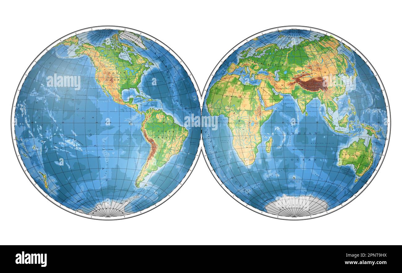 Hochdetaillierte physikalische Weltkarte in Globusform der Erde. Nicolosi-Globusprojektion – 3D. Stock Vektor