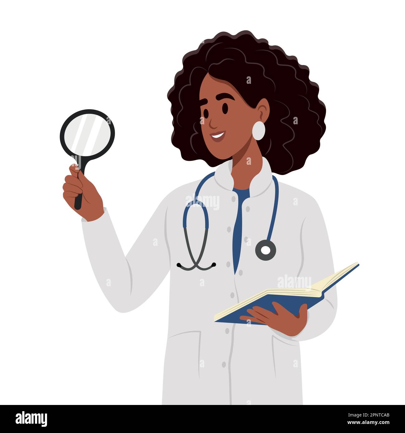 Neugier-Konzept. Lächelnde schwarze Frau mit einem Tablet und einem Stethoskop, die auf etwas mit einer Lupe blickt. Stock Vektor