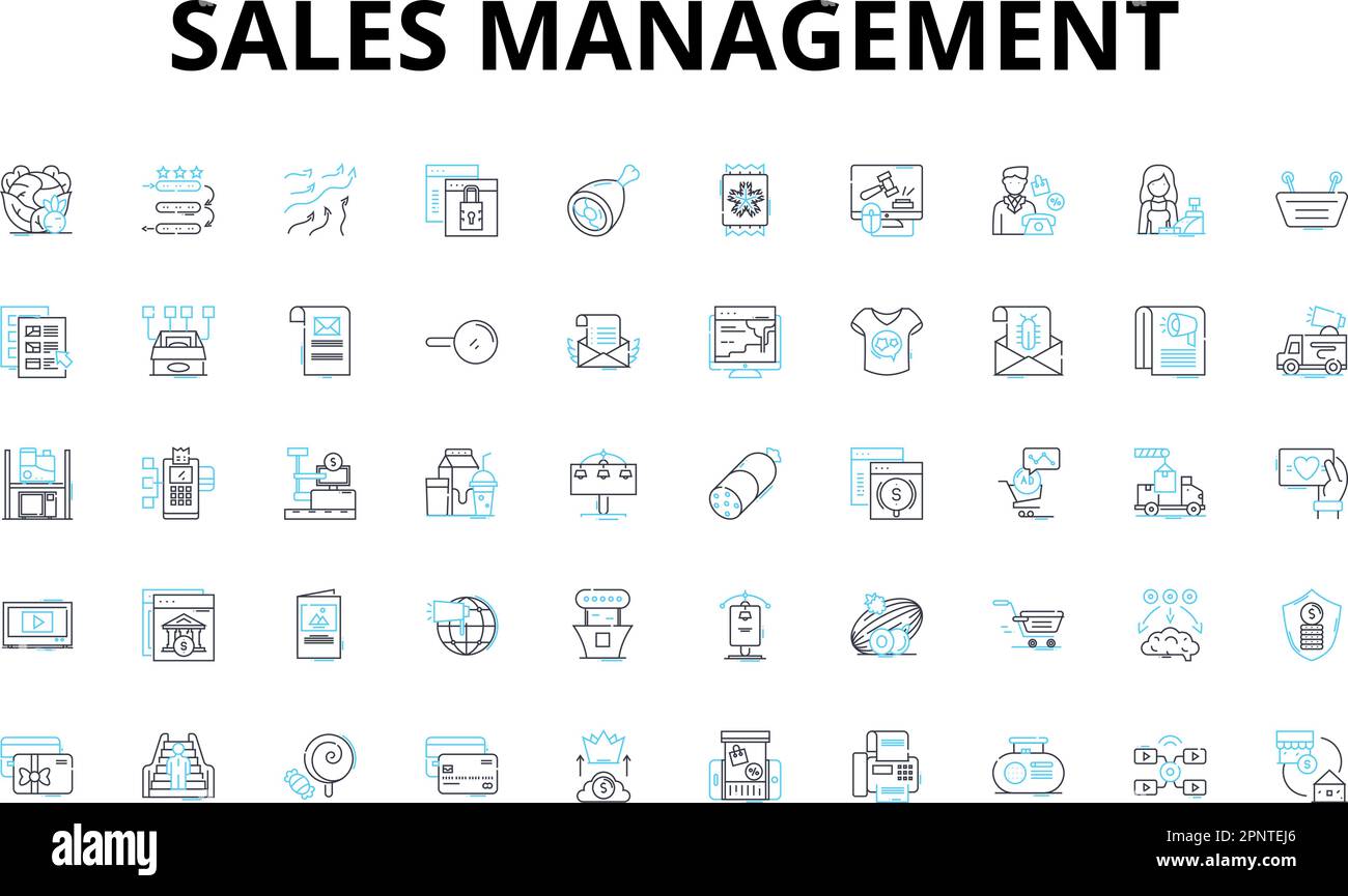Lineare Symbolgruppe für Vertriebsmanagement. Kundengewinnung, Pipeline, Prognose, Gebiet, Kennzahlen, Schulung, Leistungsvektorsymbole und Linienkonzepte Stock Vektor
