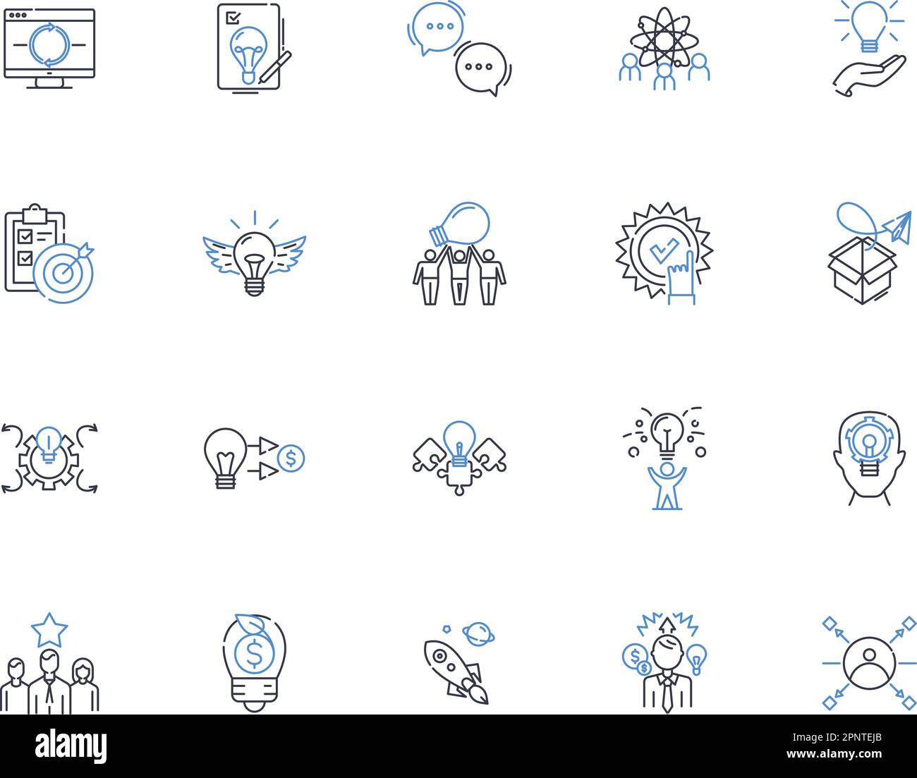Vision Forging Line Icons Kollektion. Einblicke, Innovation, Vorstellungskraft, Zukunftsorientierung, Vorausplanung, Ehrgeiz, Kreativitätsvektor und linear Stock Vektor