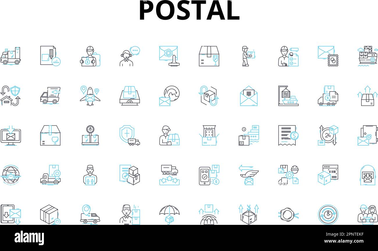 Lineare Symbole für Postleitzahlen festgelegt. Briefumschläge, Pakete, Briefmarken, Briefkästen, Poststempel, Vektorsymbole des Kuriers und Linienzeichen. Lieferung Stock Vektor