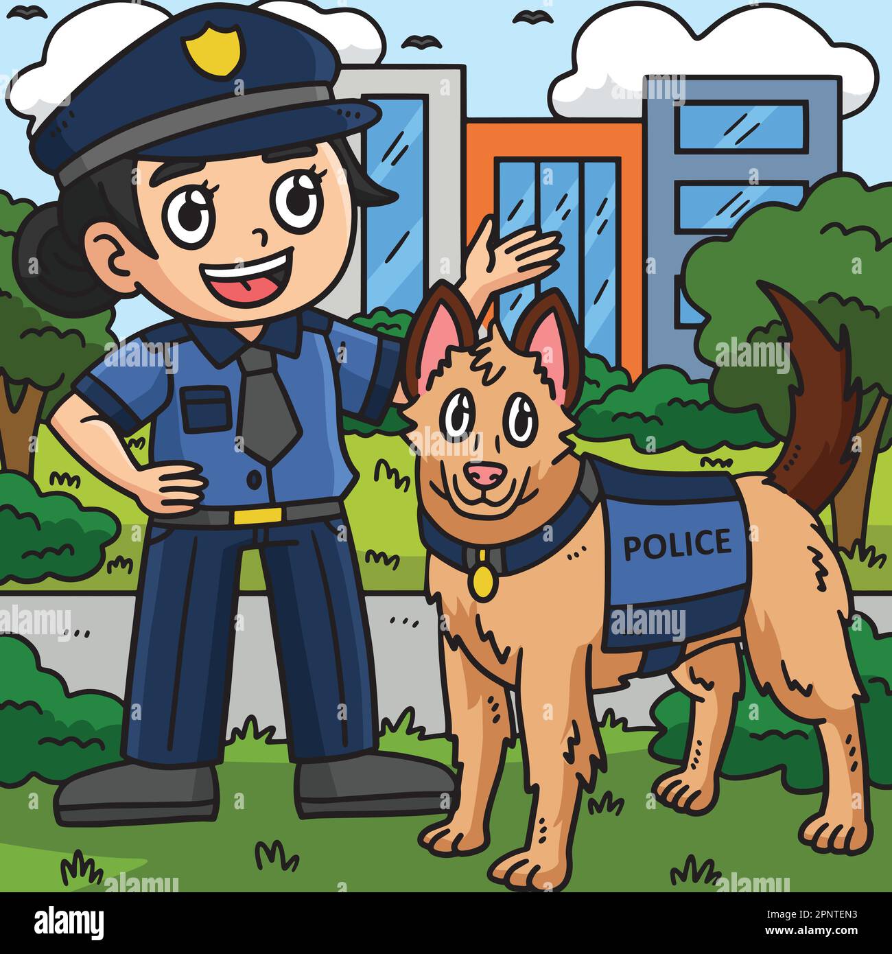 Polizeibeamter und Polizeihund farbiger Cartoon Stock Vektor