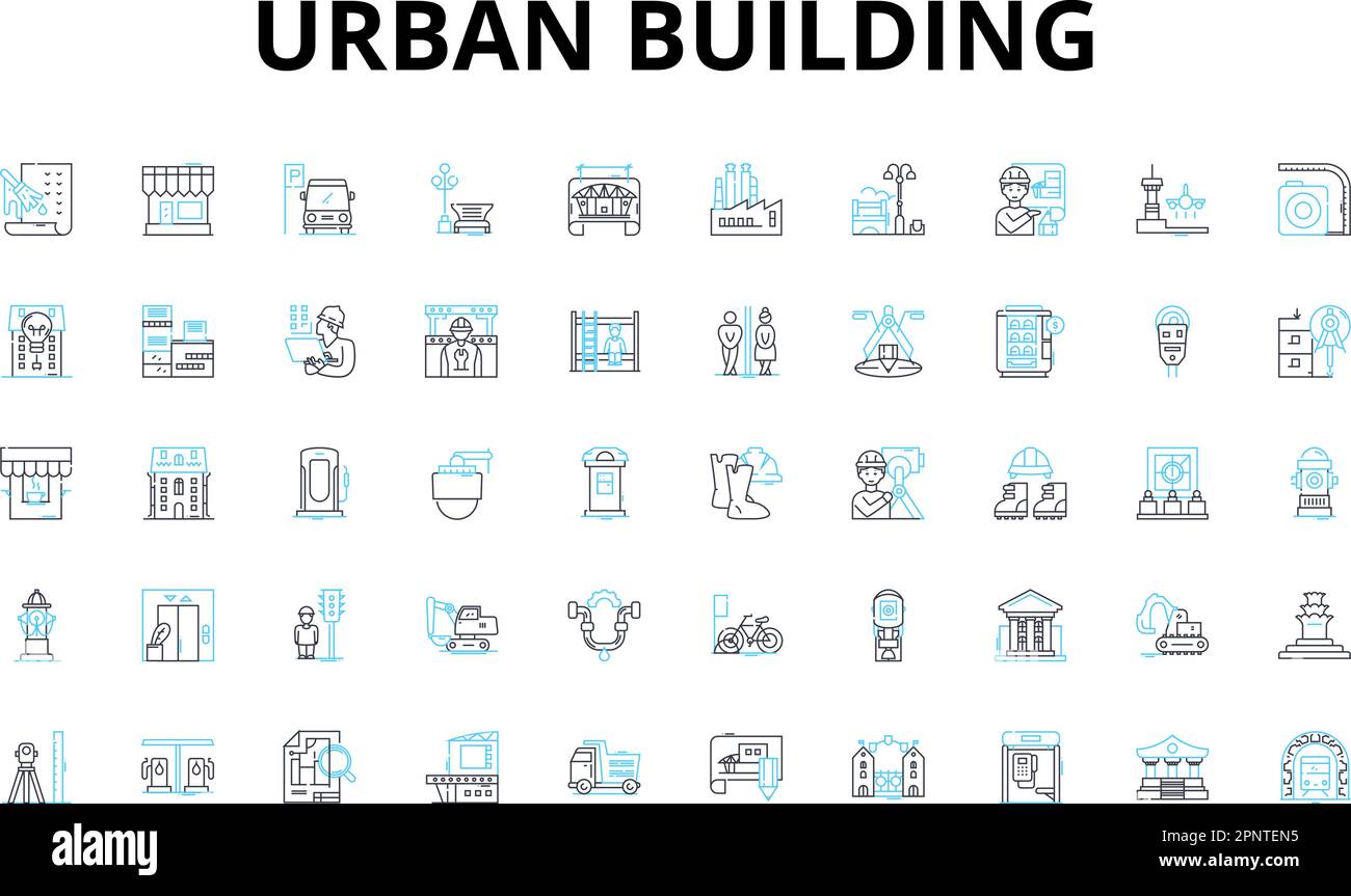 Lineares Symbolset für städtische Gebäude. Wolkenkratzer, Turm, Hochhaus, Eigentumswohnung, Apartment, Ausformung, Penthouse-Vektorsymbole und Linienkonzepte. Büro Stock Vektor