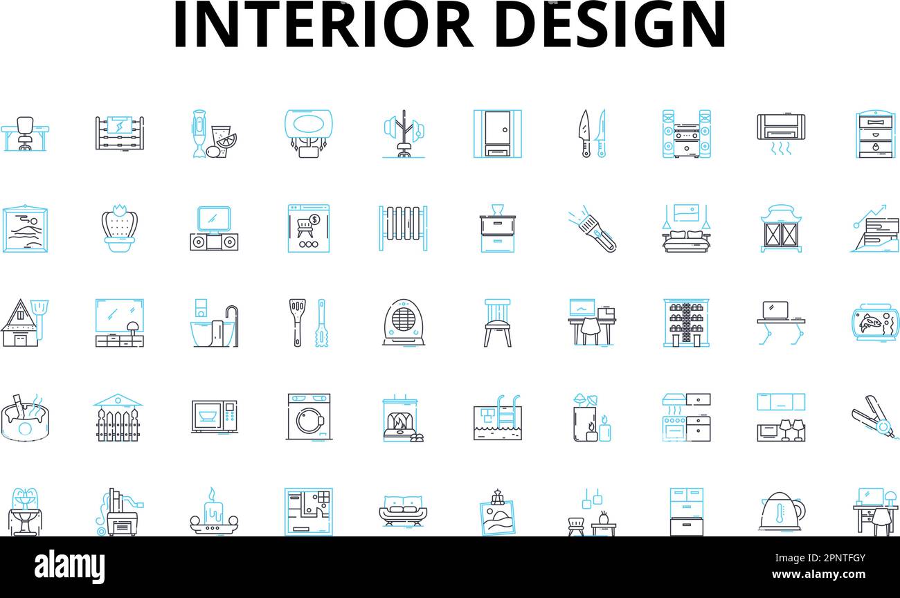 Lineare Symbole für Innenraumgestaltung. Ästhetik, Architektur, Farbe, Komfort, Kontrast, Kreativität, Dekorationsvektorsymbole und Linienzeichen. Design Stock Vektor