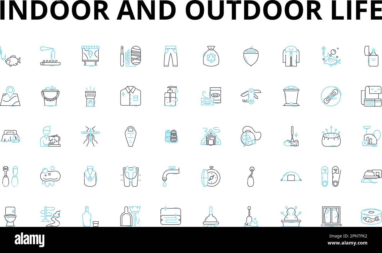 Lineare Symbole für Innen- und Außenbereiche. Ndoor: Gemütlich, warm, komfortabel, geschützt, Heimelig, Serene-Vektorsymbole und Linienzeichen. Entspannt Stock Vektor