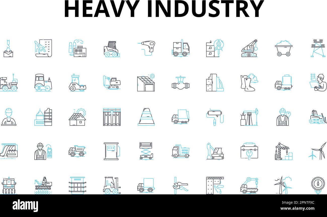 Linearer Symbolsatz für Schwerindustrie. Metallurgie, Bergbau, Fertigung, Stahl, Raffination, Machining, Gießereivektorsymbole und Linienkonzepte. Schmieden Stock Vektor