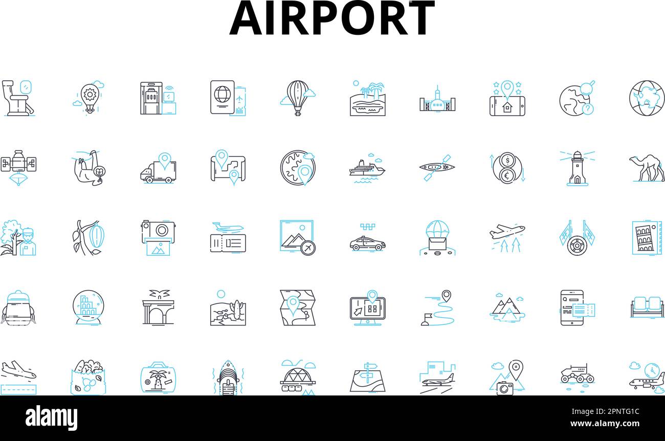 Lineare Flughafensymbole festgelegt. Abflug, Ankunft, Sicherheit, Gepäck, Terminal, Landebahn, Vektorsymbole und Linienkonzepte. Tor, Zoll Stock Vektor