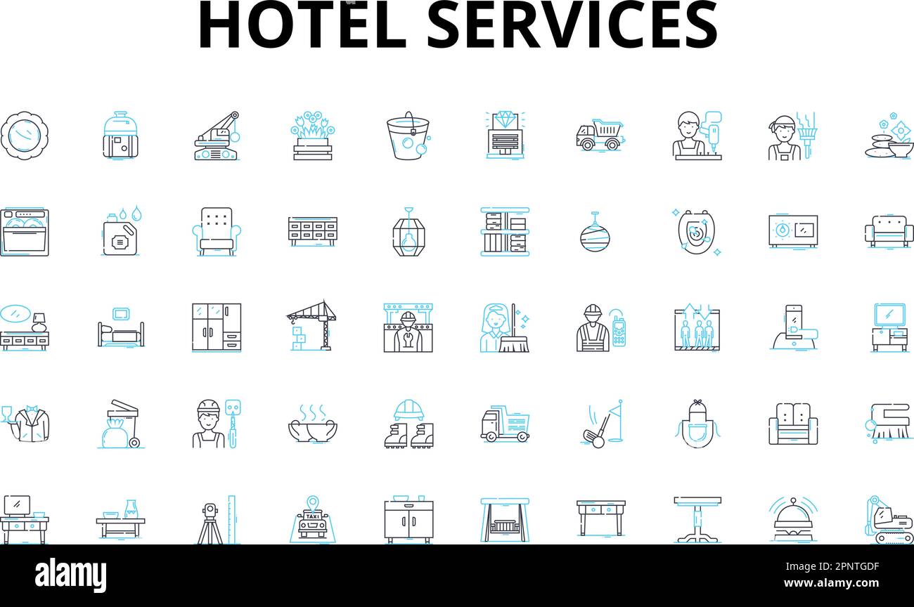 Hotel-Services linearer Symbolsatz. Ospitality, Unterkünfte, Annehmlichkeiten, Concierge, Zimmerservice, Housekeeping, Empfang, Vektorsymbole und Linien Stock Vektor