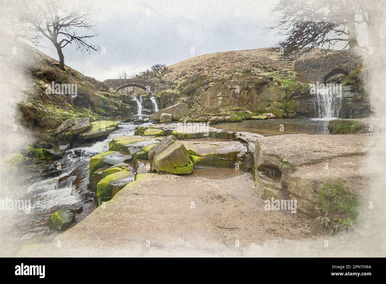 Drei Auenköpfe. Ein digitales Aquarellgemälde eines herbstlichen Wasserfalls und einer Steinpferdbrücke im Three Shires Head im Peak District, Großbritannien. Stockfoto