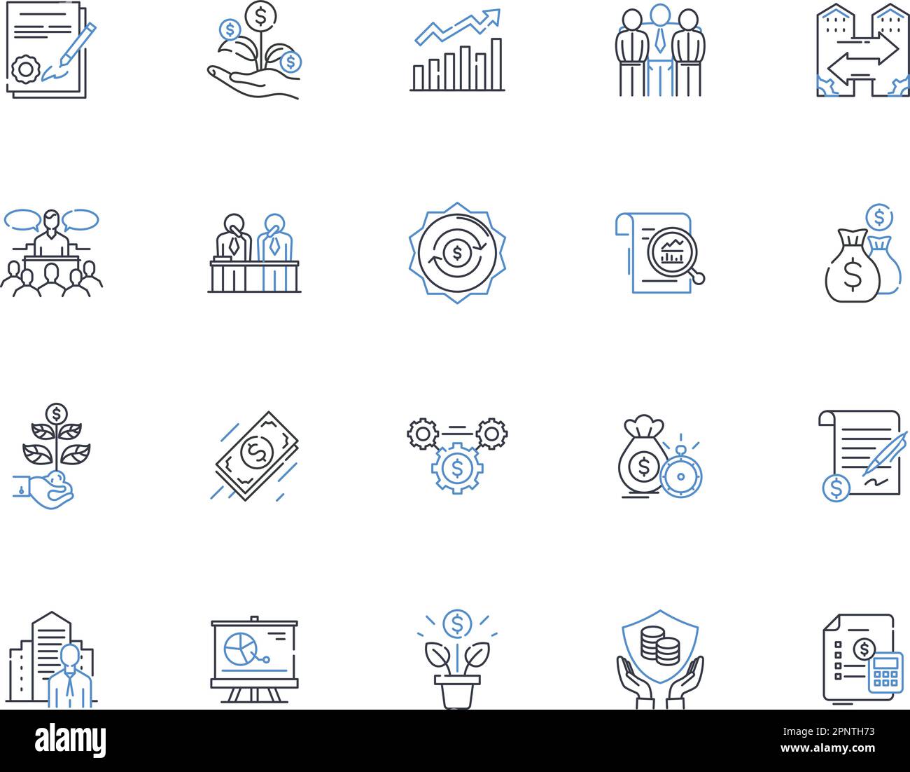 Symbolsammlung für Economics-Linien. Inflation, Rezession, Deflation, Angebot, Nachfrage, BIP, Arbeitslosenvektor und lineare Darstellung. Markt, Wettbewerb Stock Vektor