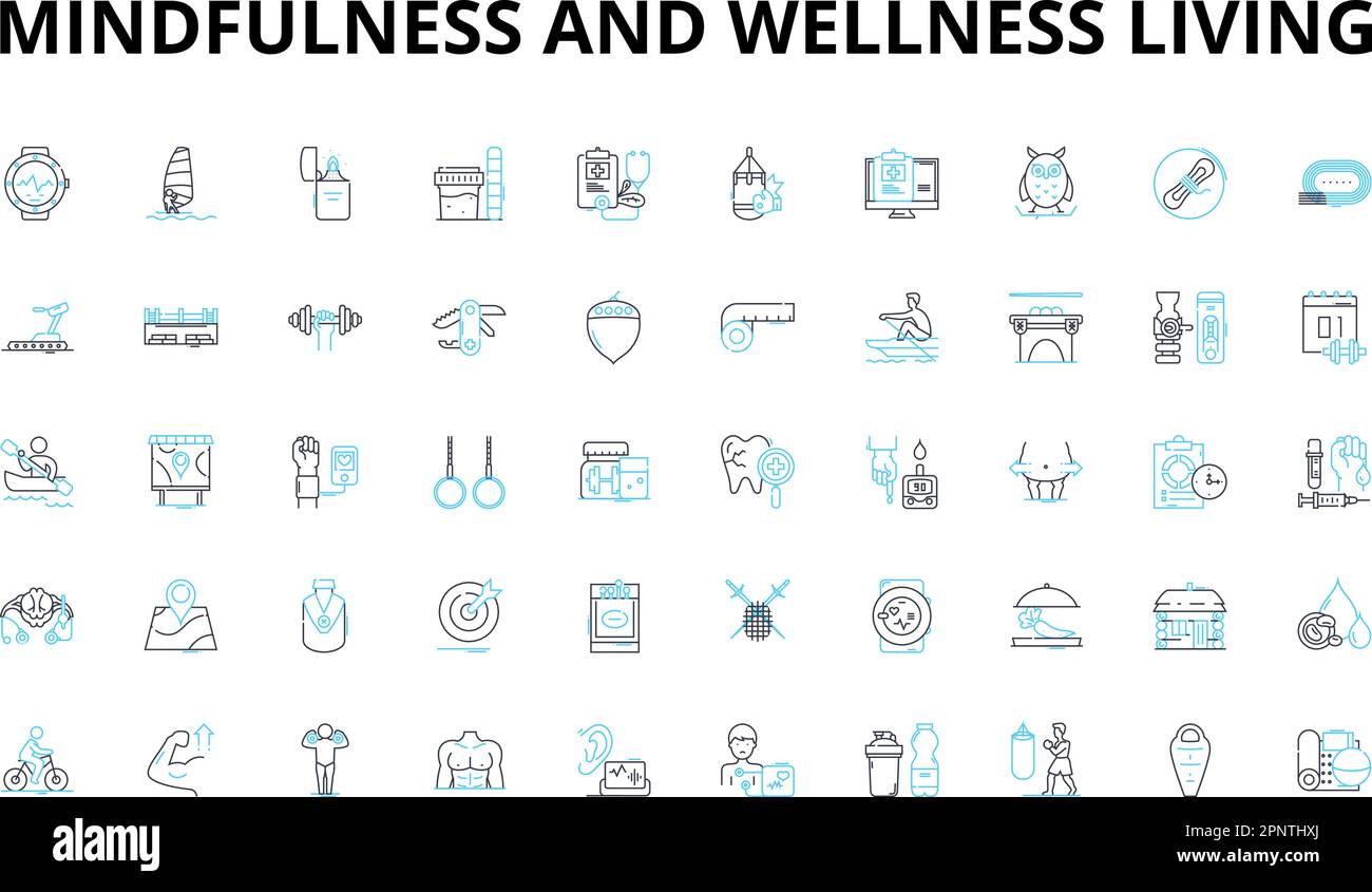 Achtsamkeit und Wellness Leben Lineare Symbole gesetzt. Präsenz, Klarheit, Ruhe, Gelassenheit, Stille, Ruhe, Balancevektorsymbole und Linie Stock Vektor