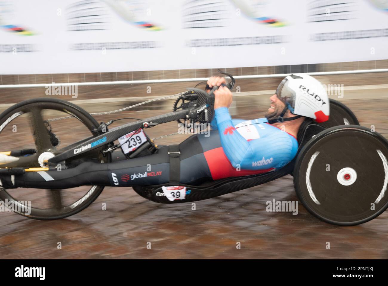 Joey Desjardins aus Kanada im Regen, UCI-Weltmeisterschaft, Individual Time Trial, Maniago, Italien, 20. April 2023, Casey B. Gibson/Alamy Live News Stockfoto