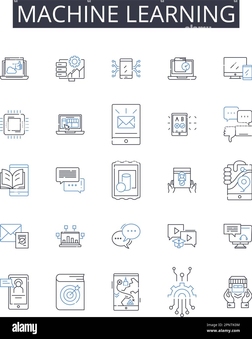 Symbolsammlung für Machine Learning Line. Künstliche Intelligenz, Automatisiertes Lernen, Data Mining, Datenanalyse, Deep Learning, Natürliche Sprache Stock Vektor