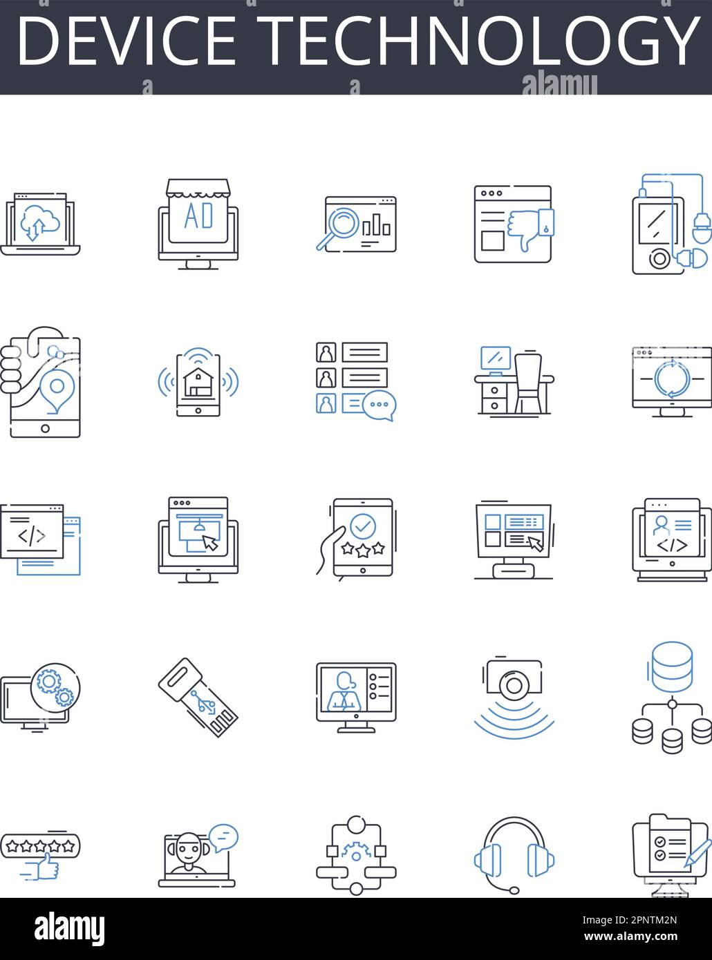 Symbolsammlung für Gerätetechnologie. Kommunikationsnerk, Informationstechnologie, Überwachungssystem, elektronisches Gerät, Computertechnik Stock Vektor